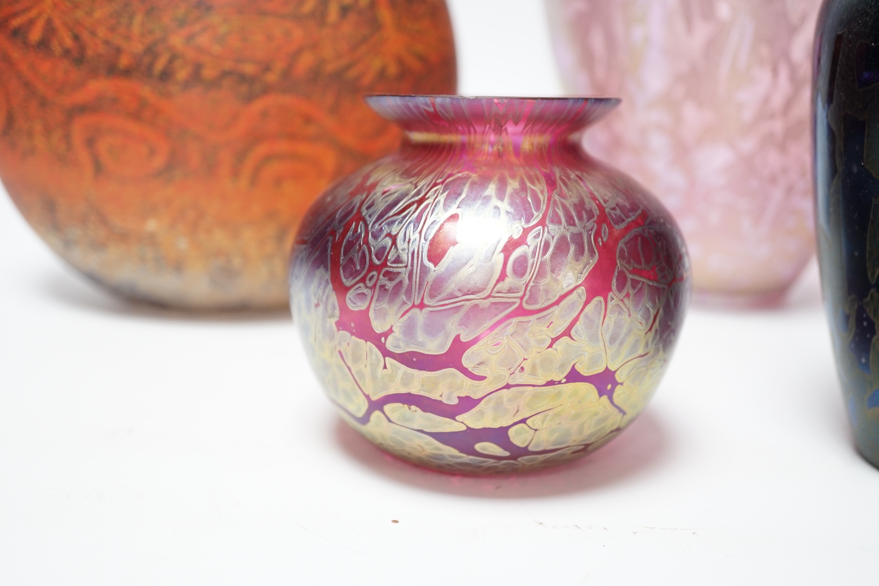 A Siddy Langley glass vase and three Royal Brierley vases, tallest 20cm high